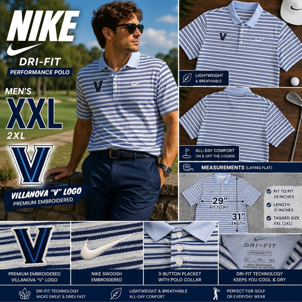 Nike Dri-FIT Villanova Wildcats Golf Polo Shirt XXL Blue Striped Short Sleeve